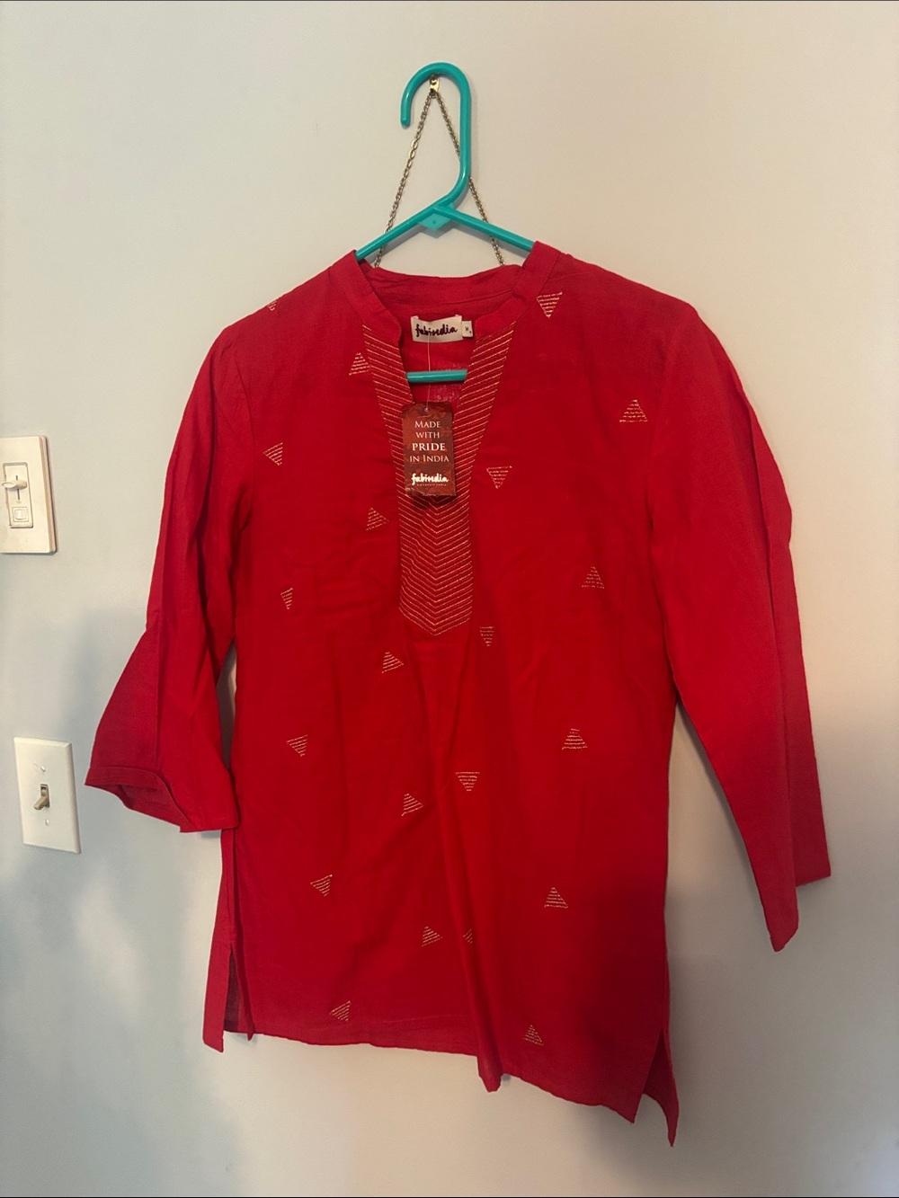 fabindia Red Embroidered V-Neck Tunic